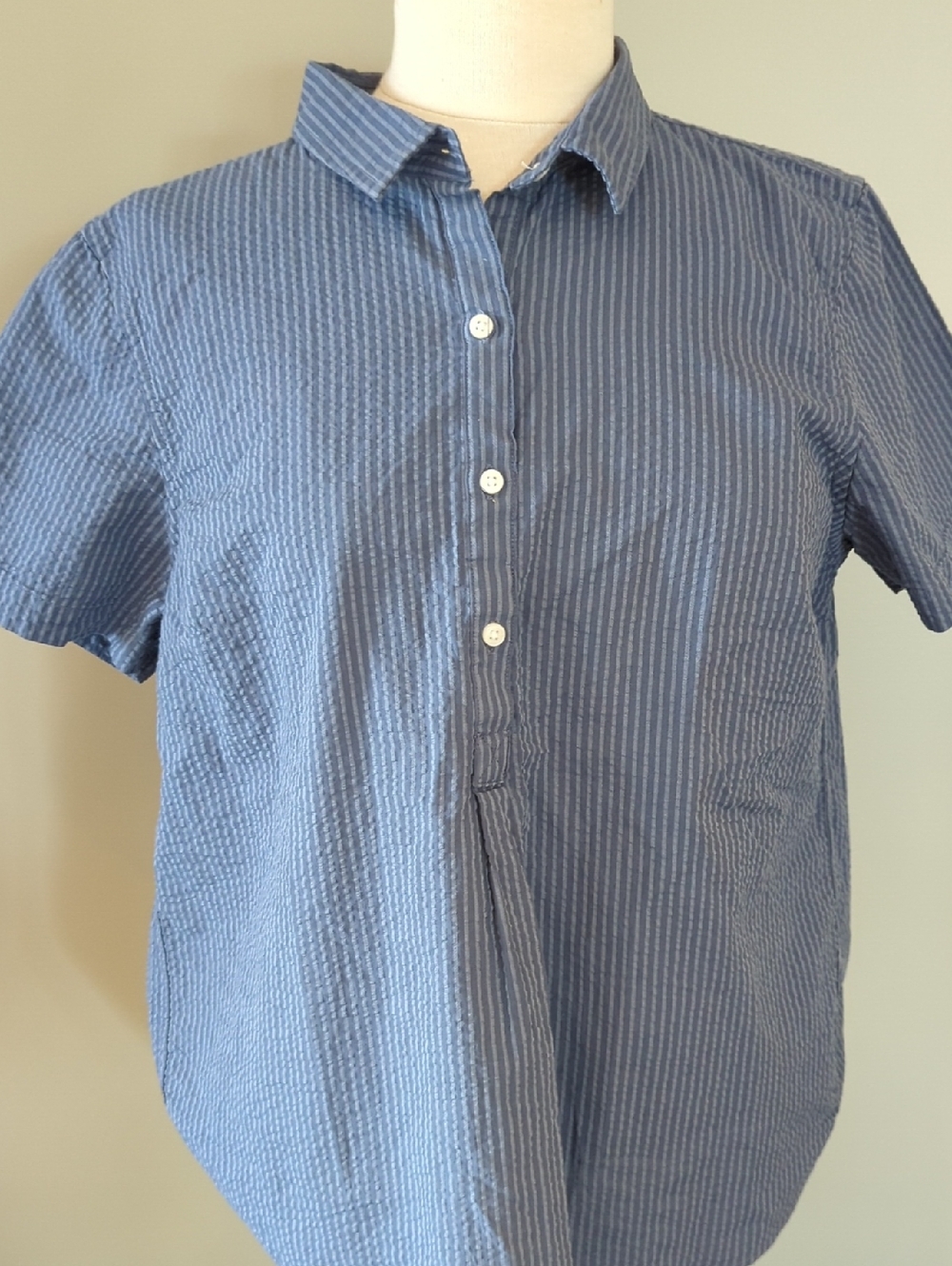 L.L. Bean Blue Striped Seersucker Short-Sleeve Top w/ Partial Button Placket